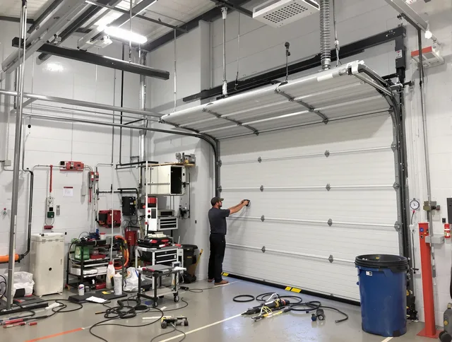 Cypress Garage Door Repair certified technician performing commercial door repair at a Cypress business facility