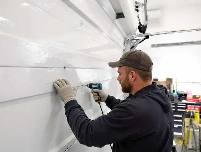 Cypress Garage Door Repair technician demonstrating precision dent removal techniques on a Cypress garage door