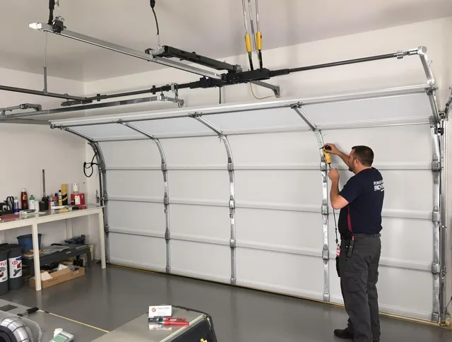 Cypress Garage Door Repair certified technician performing overhead door system repair in Cypress