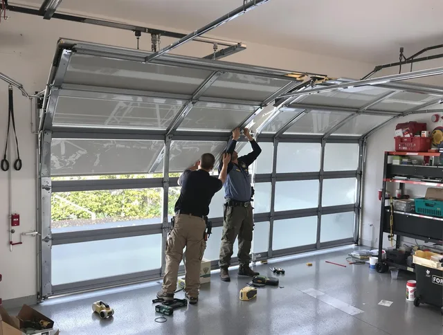 Cypress Garage Door Repair expert performing precise panel replacement on Cypress garage door