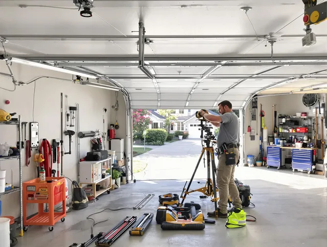 Cypress Garage Door Repair specialist performing laser-guided track alignment in Cypress